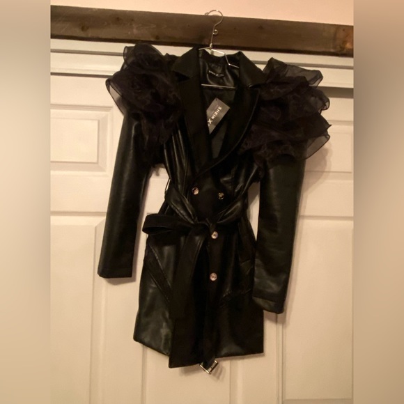 Exaggerated Ruffle Double Button Belted PU Leather Blazer Dress Size S - Picture 6 of 8